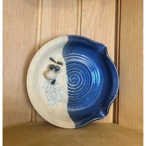 Vintage Ugly Face Signed Trinket Dish Ashtray Pottery Dish Blue Beige Glaze Uniq